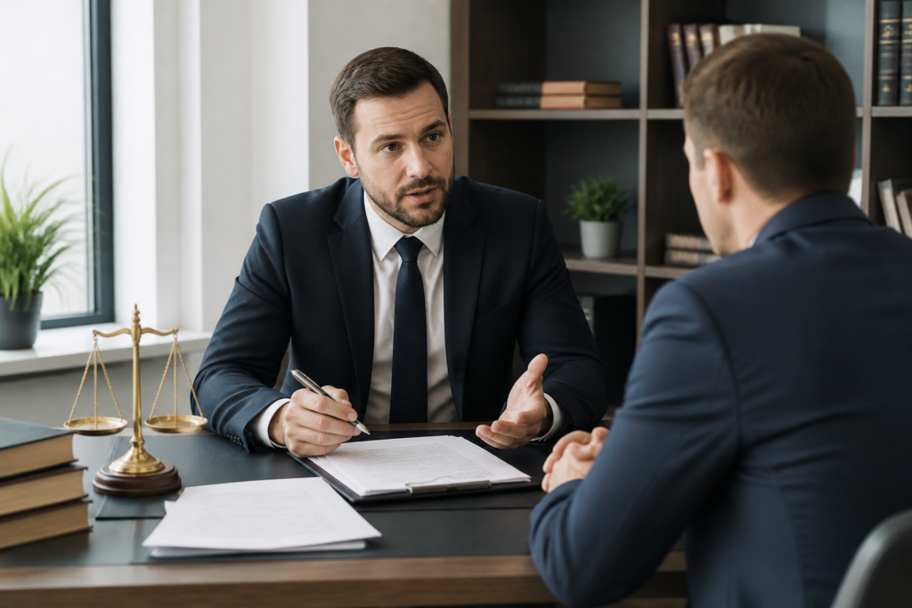 Avocat en consultation avec un client dans un cabinet juridique