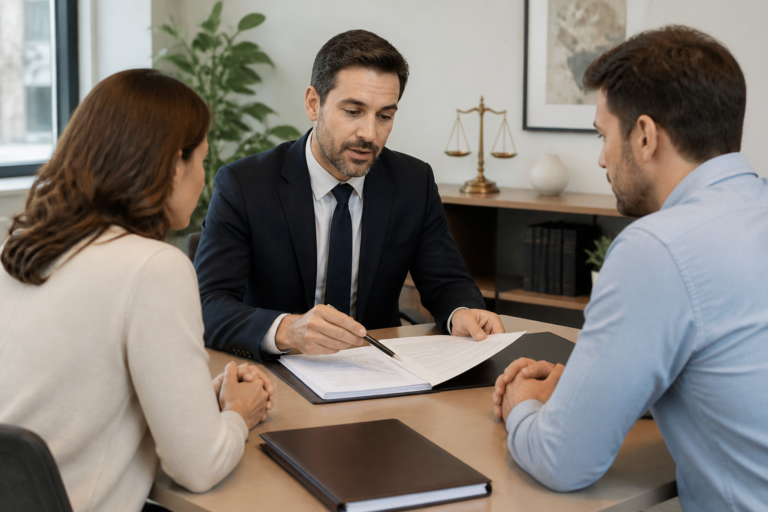 Avocat expliquant des documents juridiques à un couple en consultation