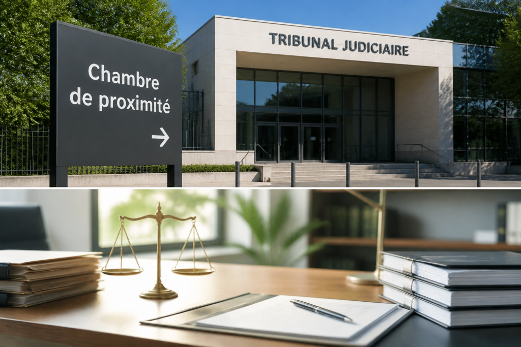 Entrée d'un tribunal judiciaire français avec panneau chambre de proximité