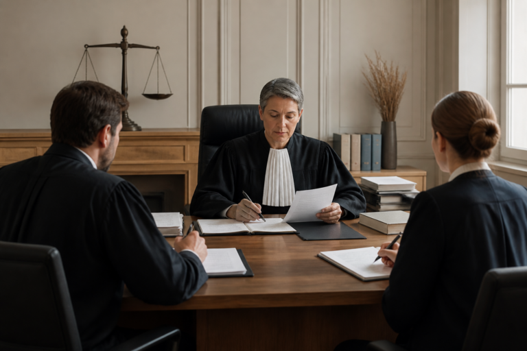 Salle d'audience d'un tribunal civil en France avec juge et avocats