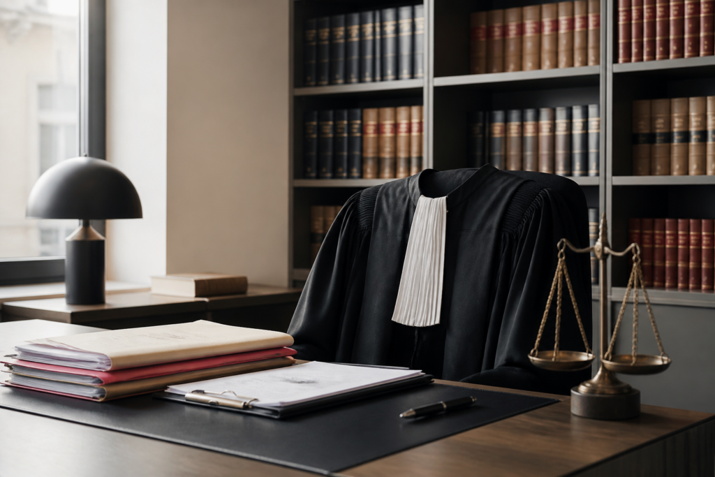Portrait d'un maitre avocat français en robe dans un bureau avec livres de droit