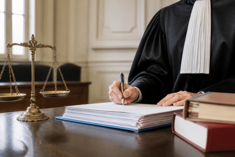 Tribunal judiciaire français avec un juge en robe noire