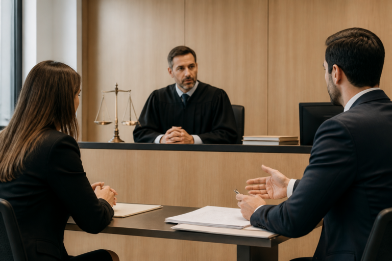 Salle d'audience tribunal civil avec juge, avocat et client en France