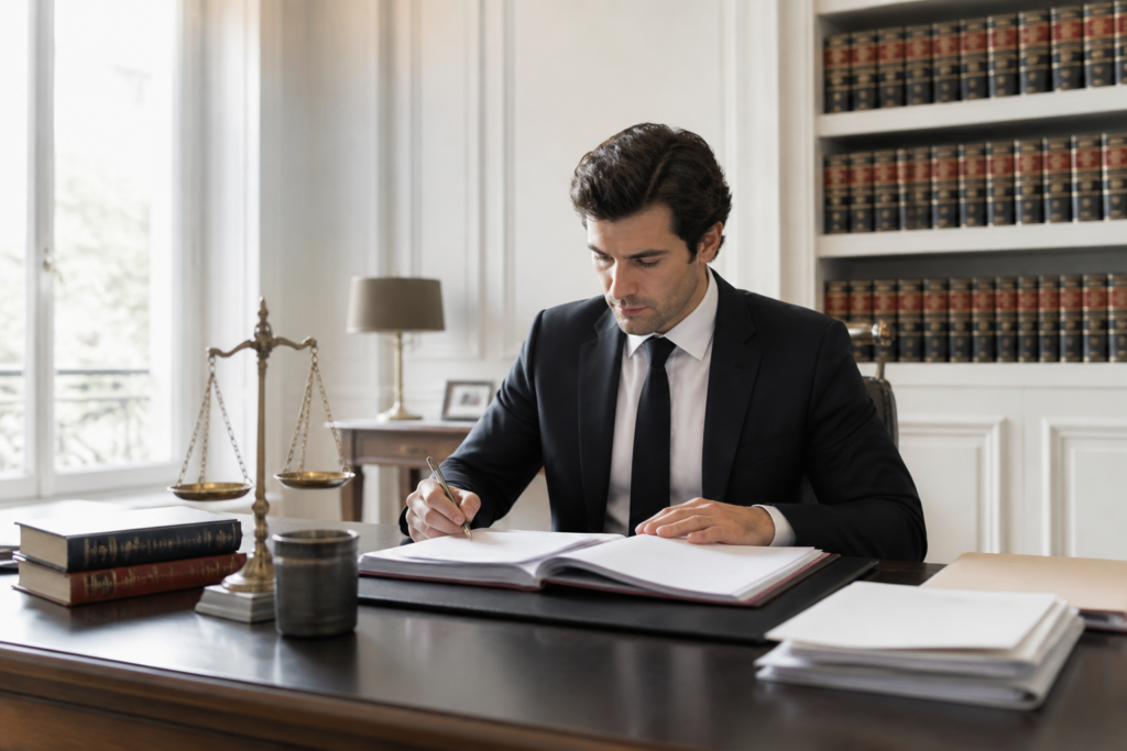 Avocat français au bureau avec livres de droit en arrière-plan
