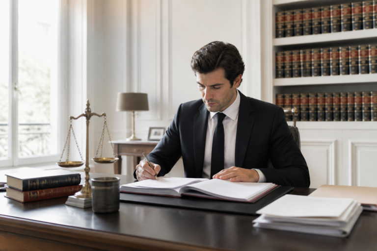 Avocat français au bureau avec livres de droit en arrière-plan