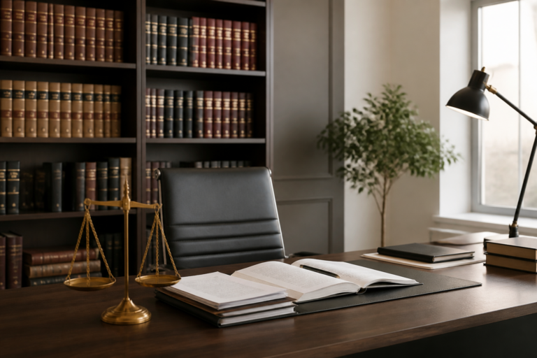 Intérieur d'un cabinet d'avocat avec bibliothèque juridique et bureau