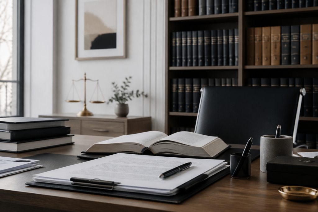Avocat français spécialisé en droit des affaires dans un bureau avec livres juridiques