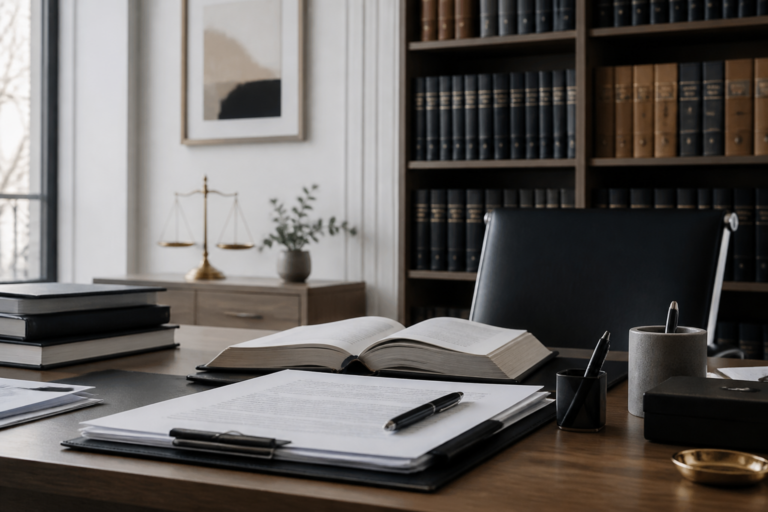 Avocat français spécialisé en droit des affaires dans un bureau avec livres juridiques
