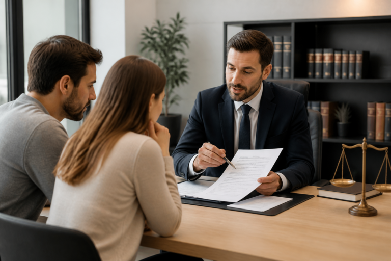 Avocat expliquant un contrat immobilier à un couple