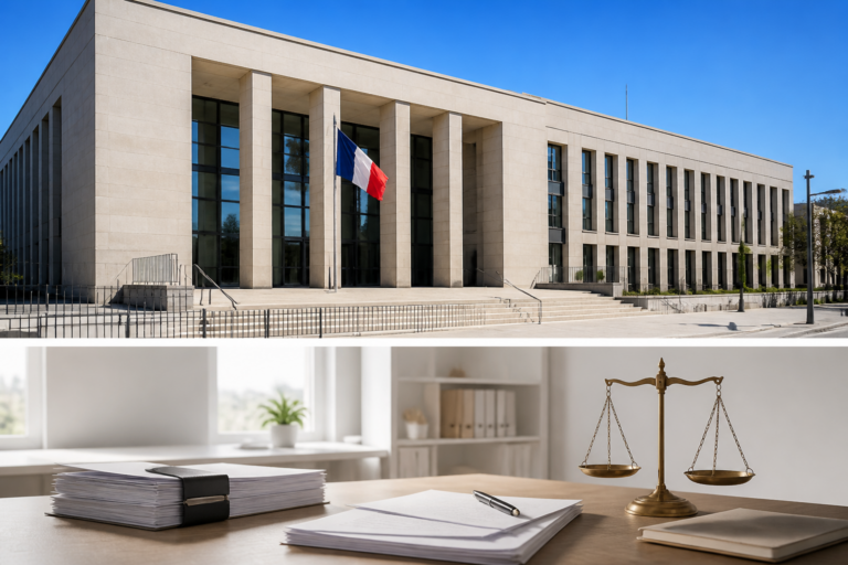 Façade du tribunal judiciaire français avec drapeau national