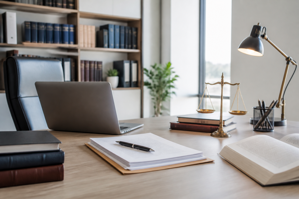 Bureau moderne de cabinet d'avocat avec documents juridiques