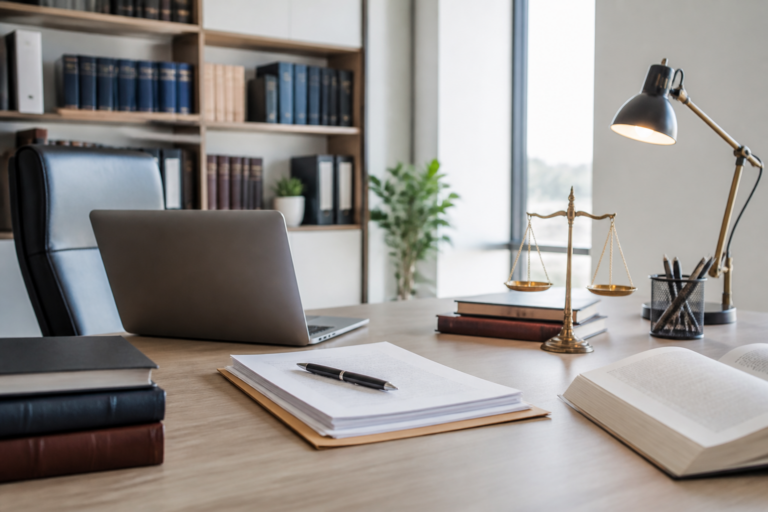 Bureau moderne de cabinet d'avocat avec documents juridiques