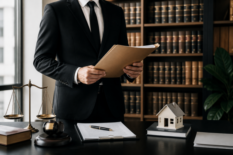 Avocat spécialisé en droit immobilier tenant un dossier juridique