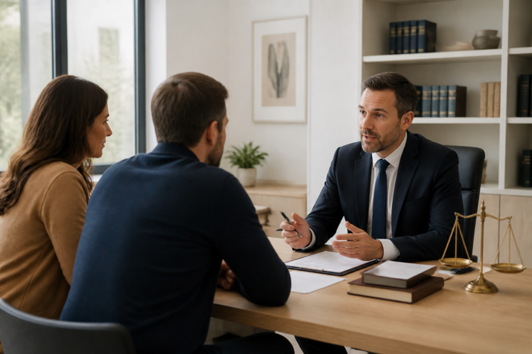 Couple avec avocat en consultation pour divorce par consentement mutuel