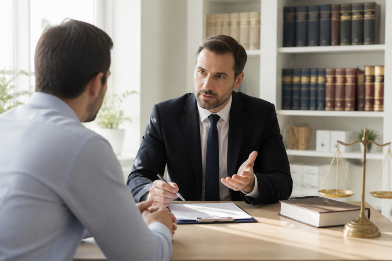 Consultation entre un avocat et un client dans un cabinet d'avocat