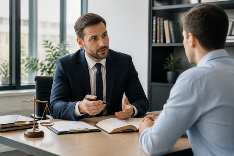 Avocat consultant un client dans un cabinet juridique