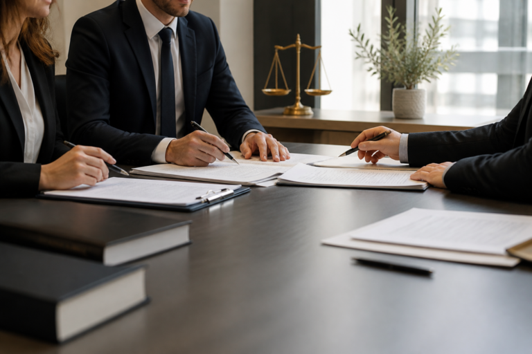 Intérieur moderne d'un cabinet d'avocats français avec des professionnels en discussion