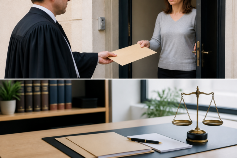 Huissier de justice signifiant une assignation à une personne
