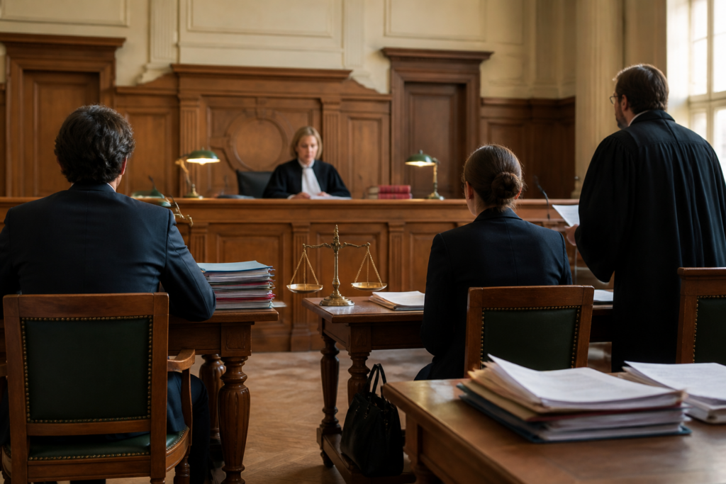 Salle d'audience française avec le juge, avocats et parties présentes