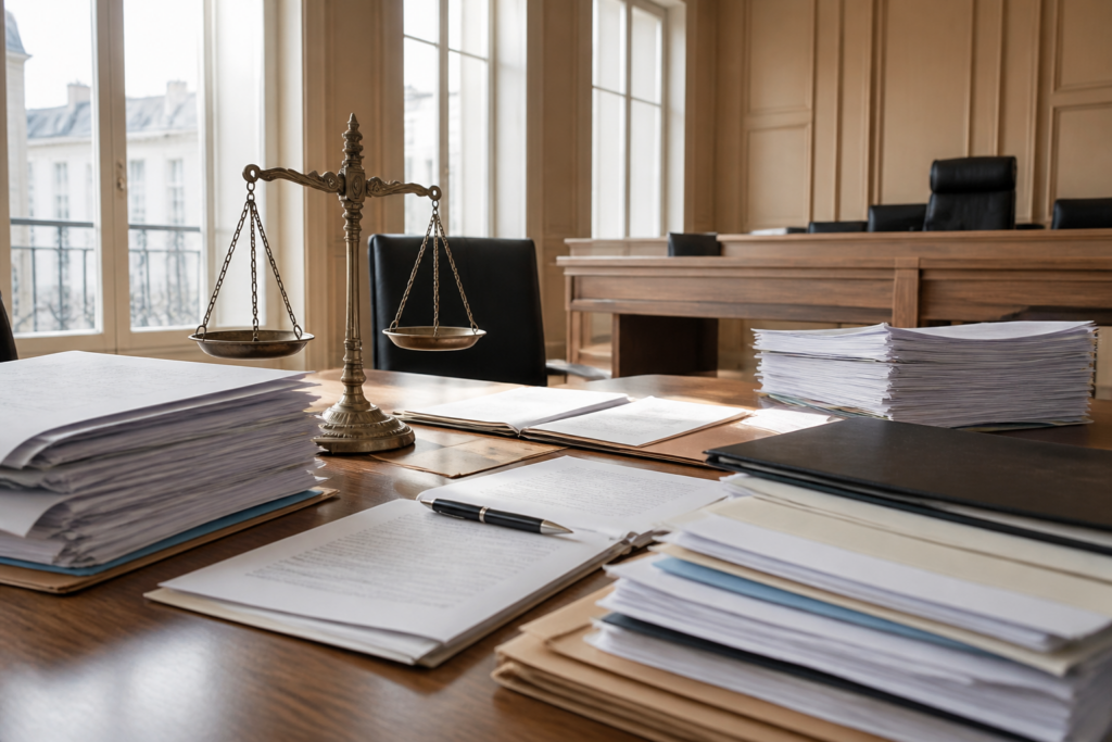 Salle d’audience française avec documents de procédure civile sur un bureau