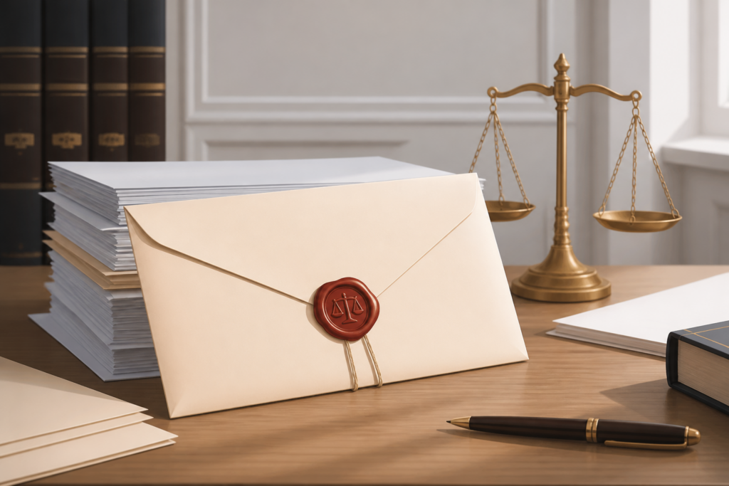 Enveloppe officielle d'assignation judiciaire avec sceau