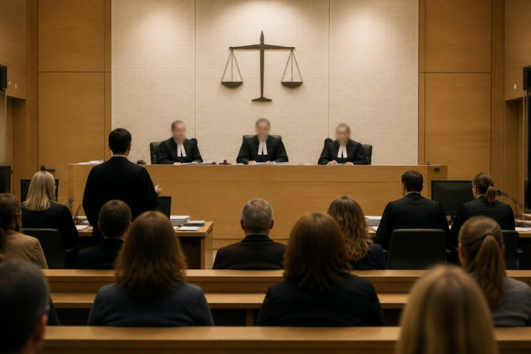 Salle d’audience correctionnelle avec magistrats, avocats et public