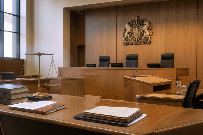 Salle d'audience tribunal anglais avec juge et parties