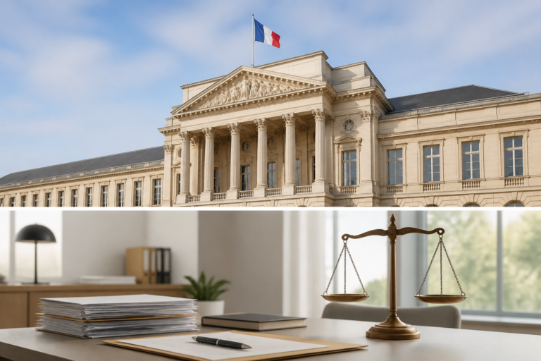 Façade du tribunal judiciaire en France avec drapeau national