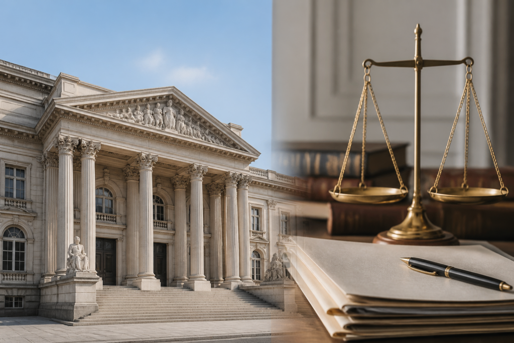 Façade d'un tribunal français sous un ciel clair
