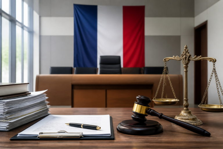 Tribunal français avec drapeau tricolore