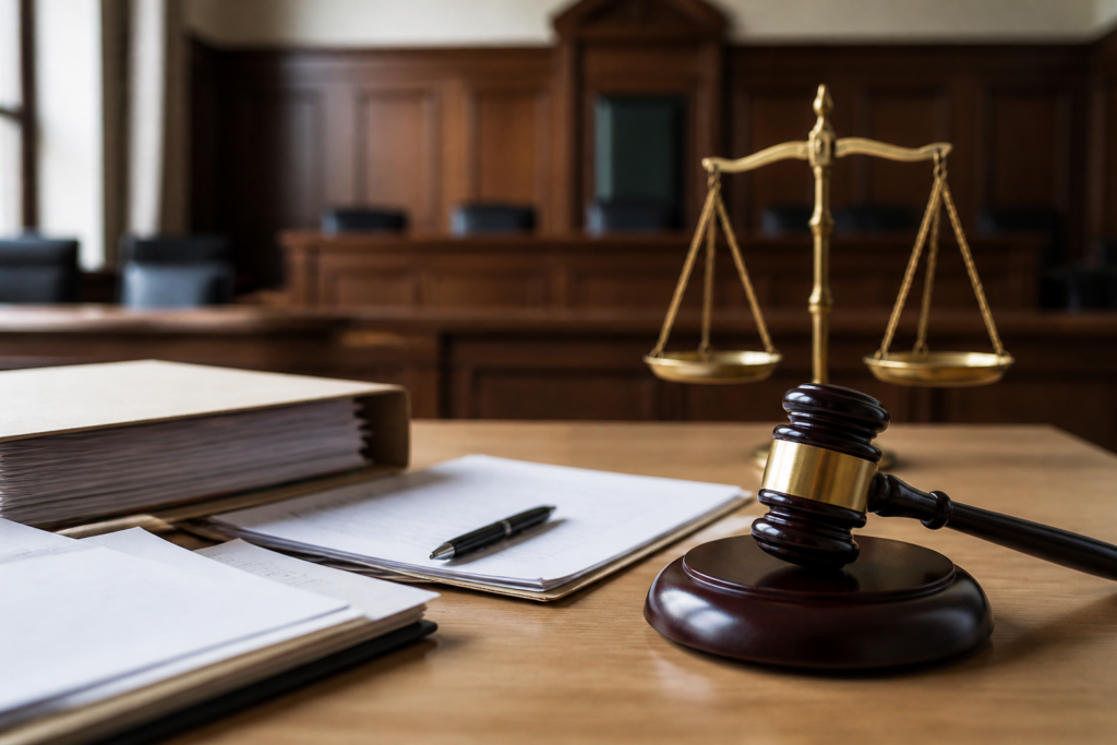 Tribunal civil français avec documents juridiques et marteau de juge