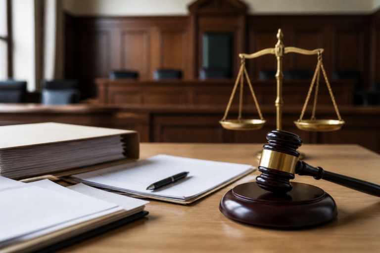 Tribunal civil français avec documents juridiques et marteau de juge