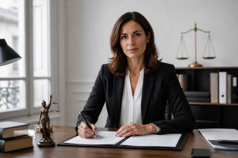 Avocate spécialisée en droit du divorce dans un bureau avec livres juridiques