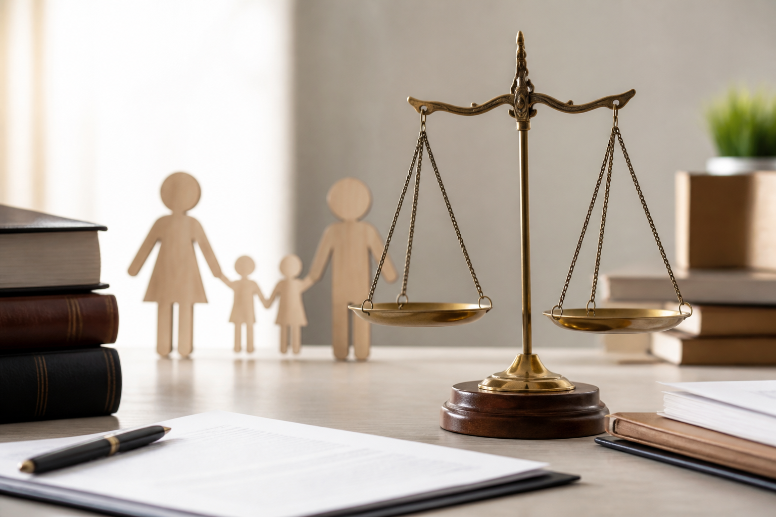Balance de justice avec icônes représentant la famille et les enfants