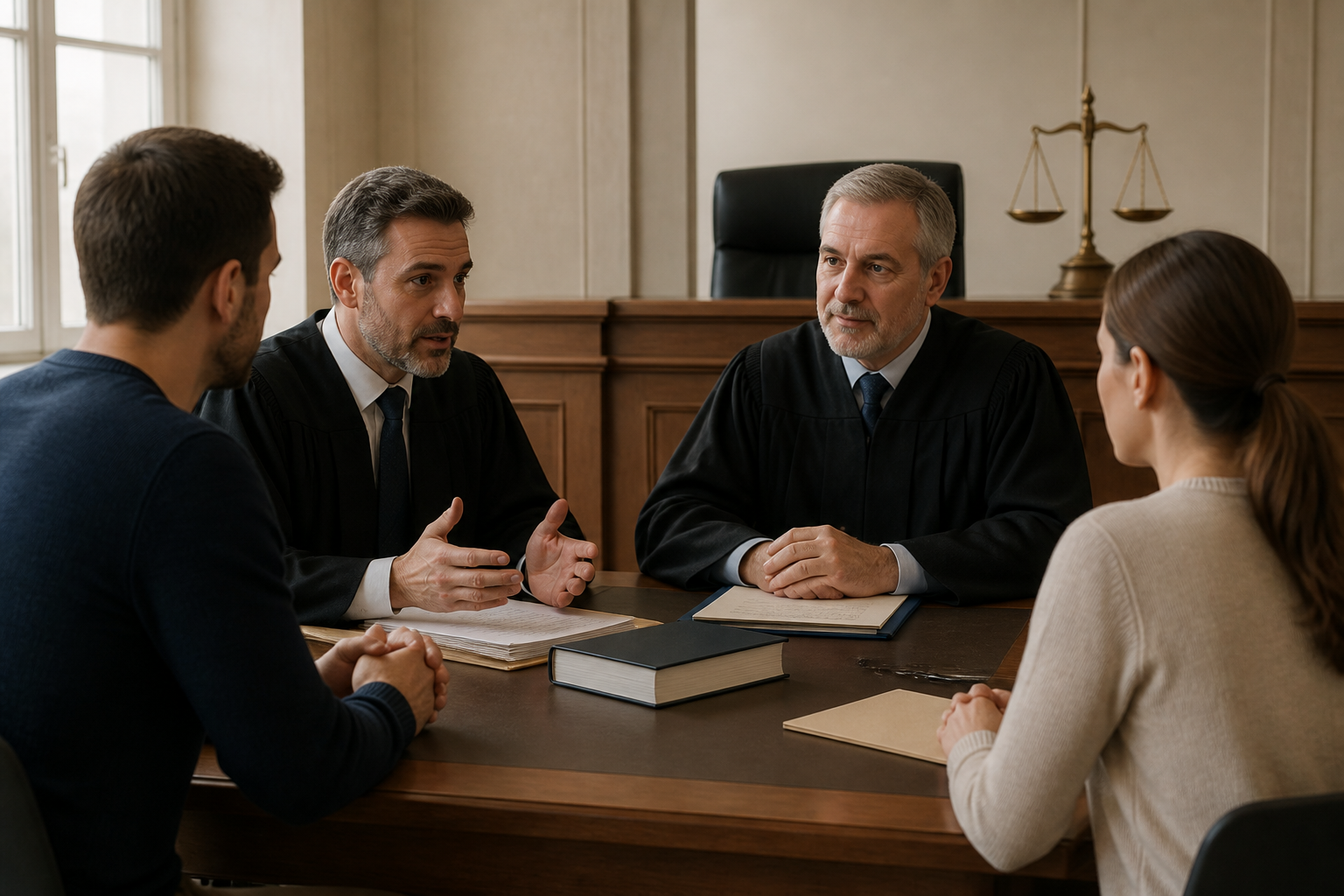 Jugement en cours dans une salle d'audience avec juge avocat et citoyens