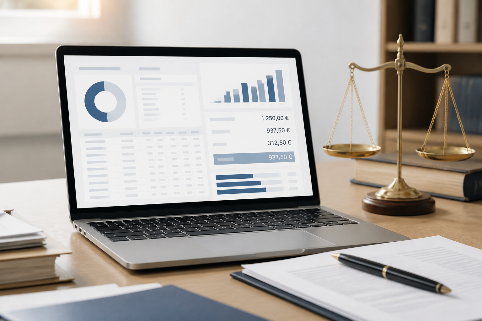 Simulation d'aide juridictionnelle affichée sur un écran d'ordinateur avec données financières