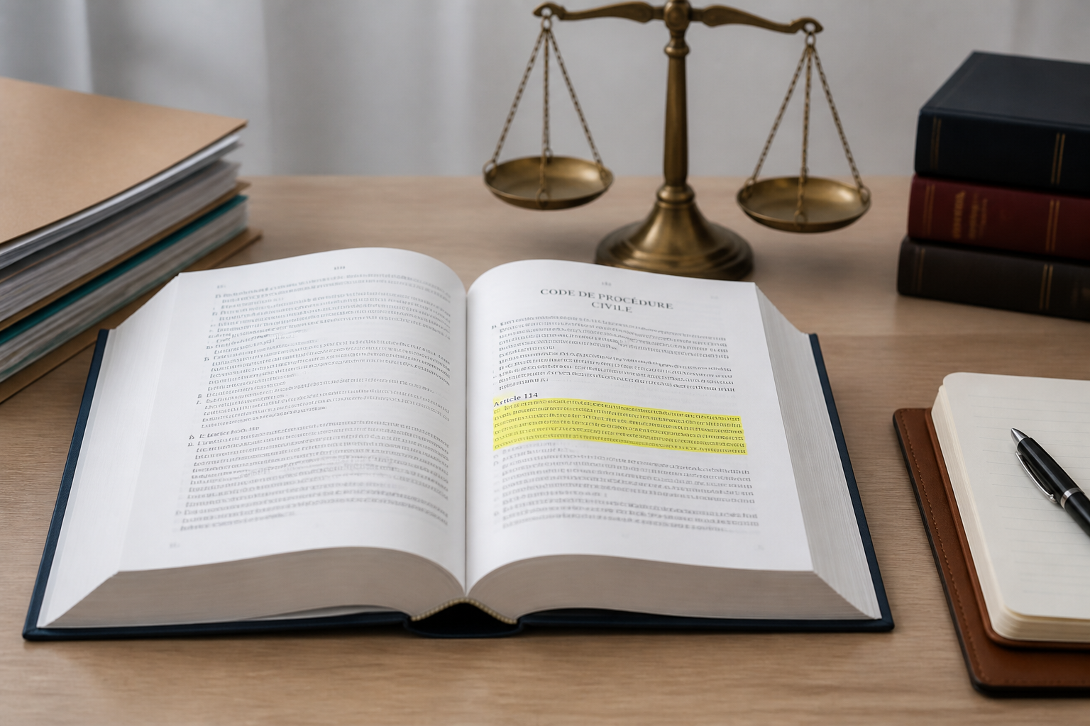 Page du Code de procédure civile français avec focus sur l'article 114