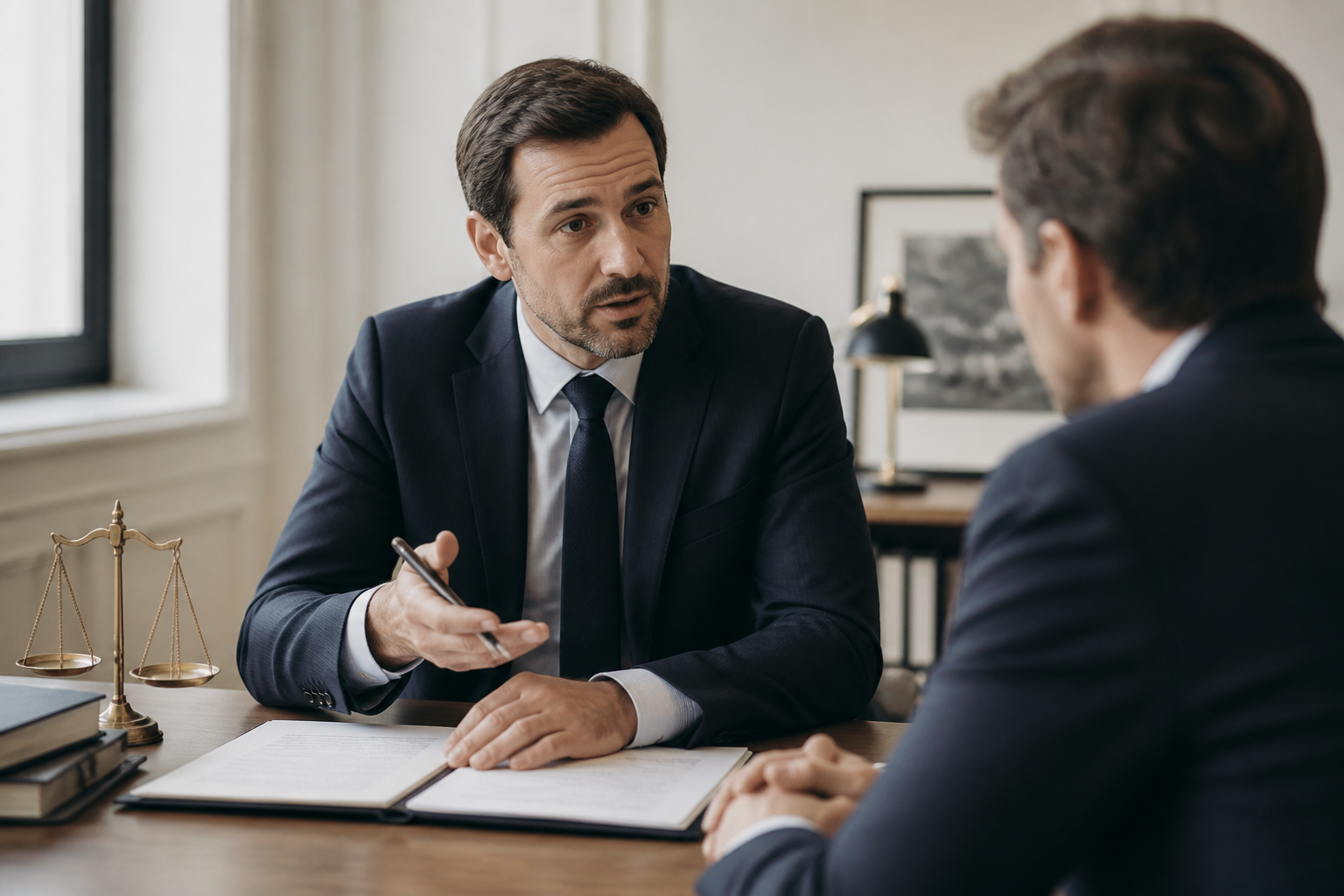 Avocat français discutant avec un client dans un cabinet juridique