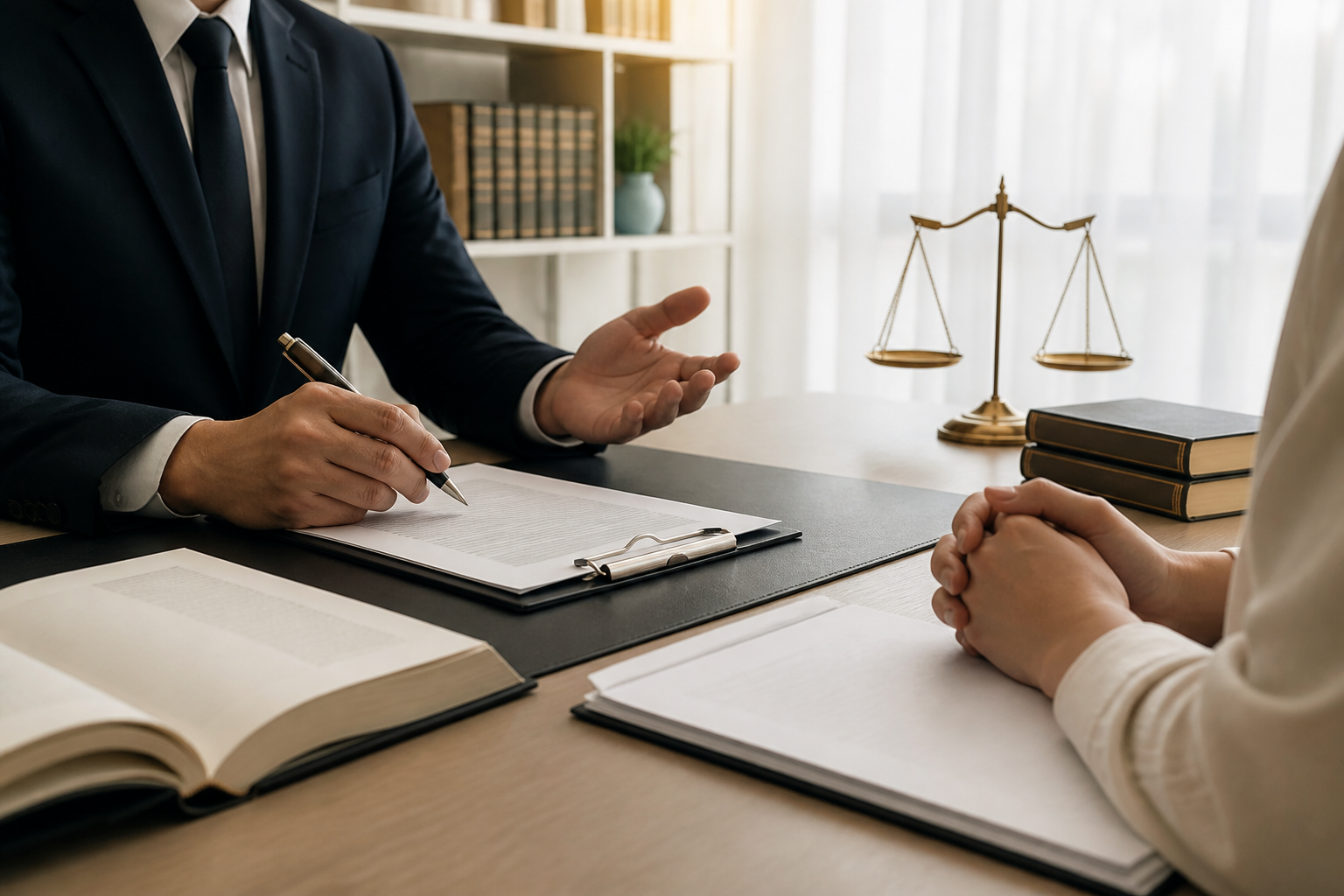 Consultation juridique dans un cabinet d’avocat avec échange entre avocat et client