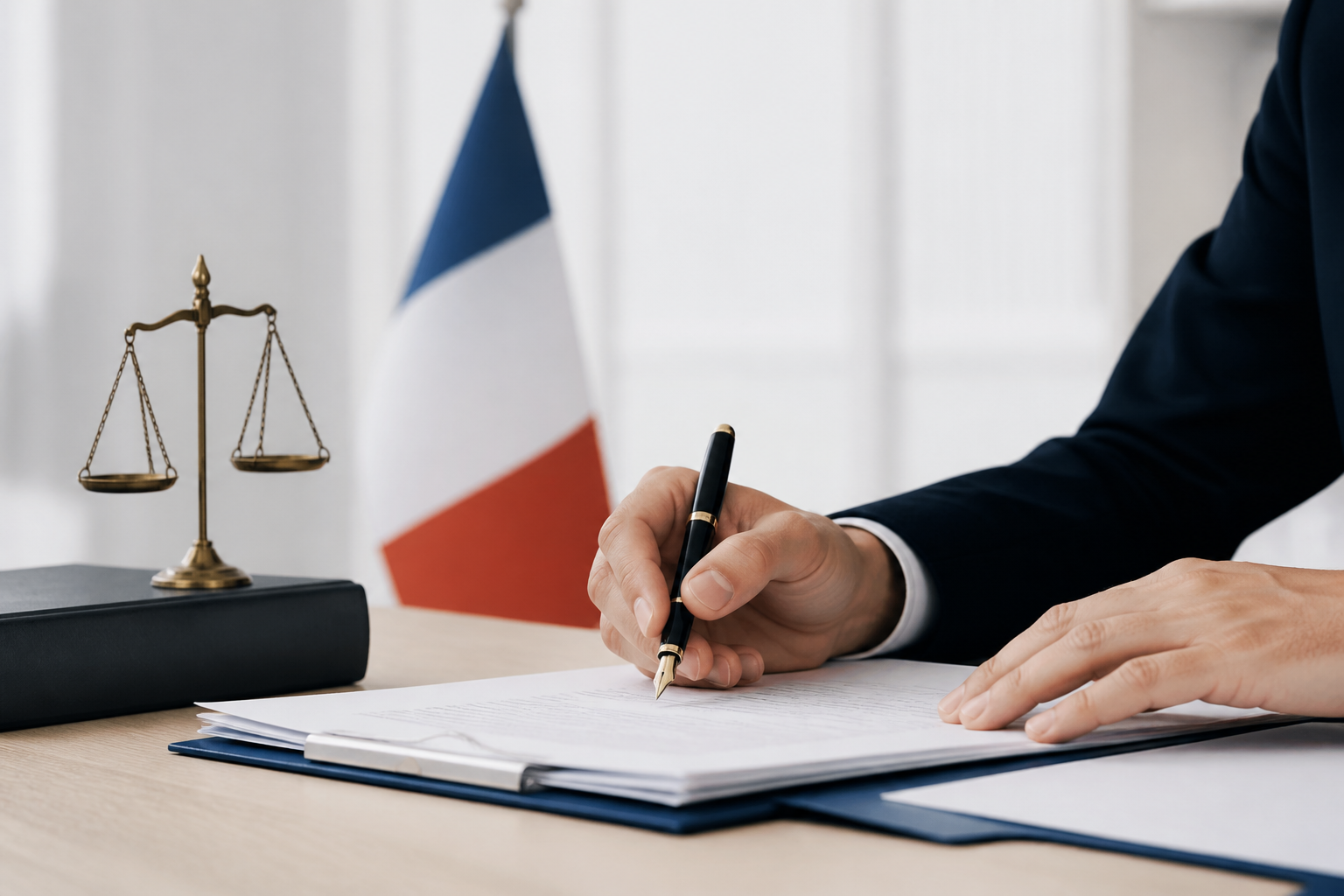 Signature de documents juridiques avec drapeau français en arrière-plan