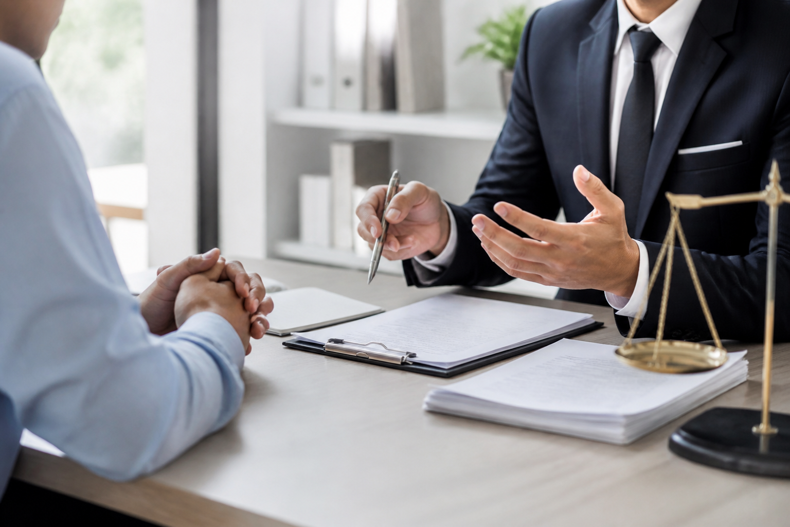 Consultation entre avocat et client dans un bureau professionnel