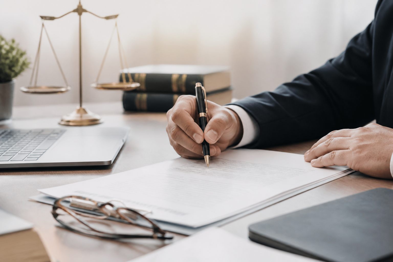 Signature d'un contrat commercial sur un bureau en bois avec ordinateur portable et lunettes