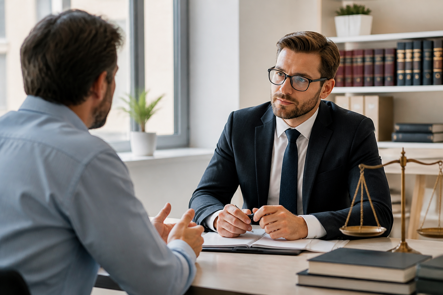 Consultation juridique entre un avocat et un client dans un cabinet