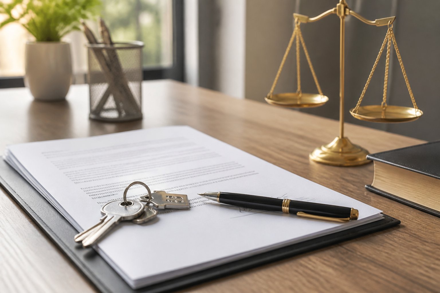 Contrat de bail immobilier avec clé d'appartement sur une table en bois