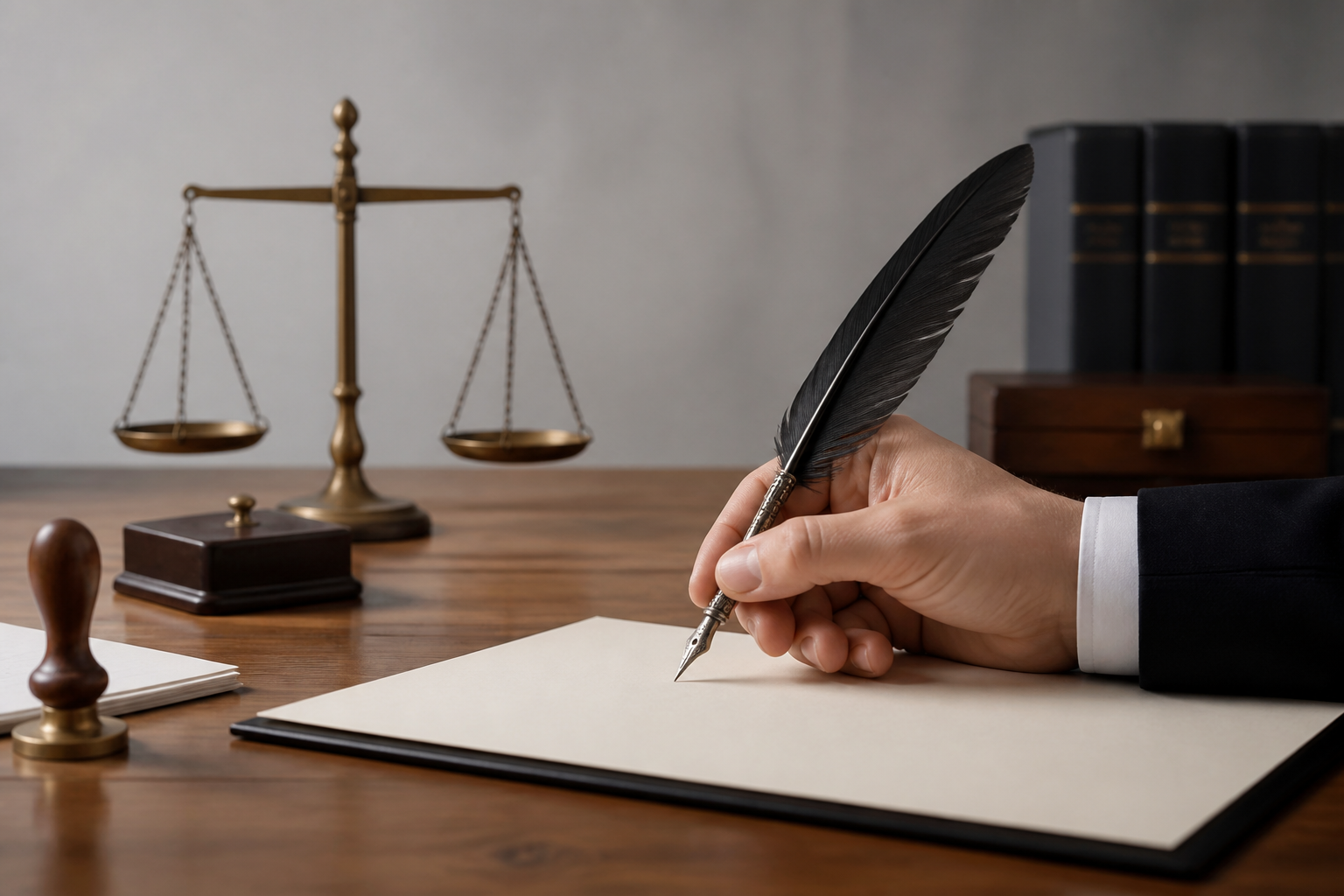 Écriture d'une lettre professionnelle sur un bureau en bois