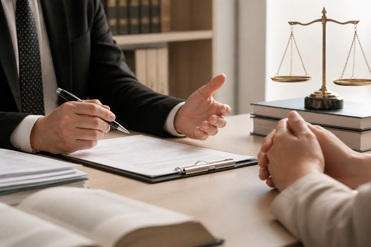 Consultation juridique entre un avocat et un client avec des documents sur la table