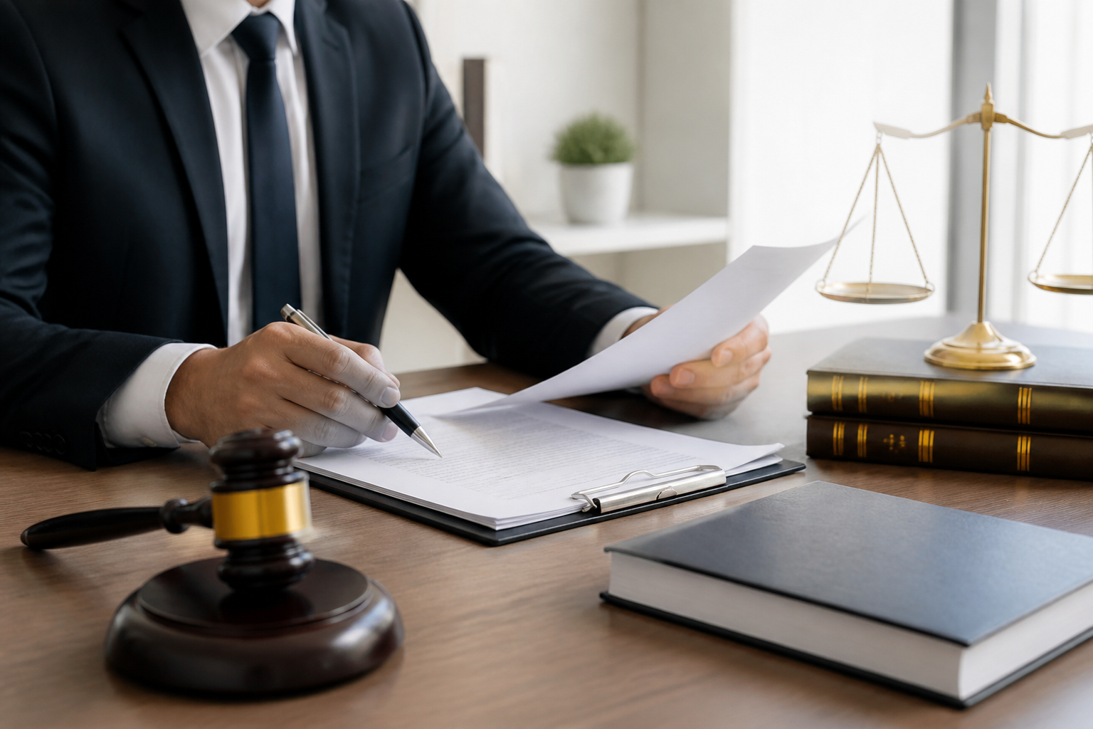 Avocat consultant des documents juridiques avec un marteau de juge