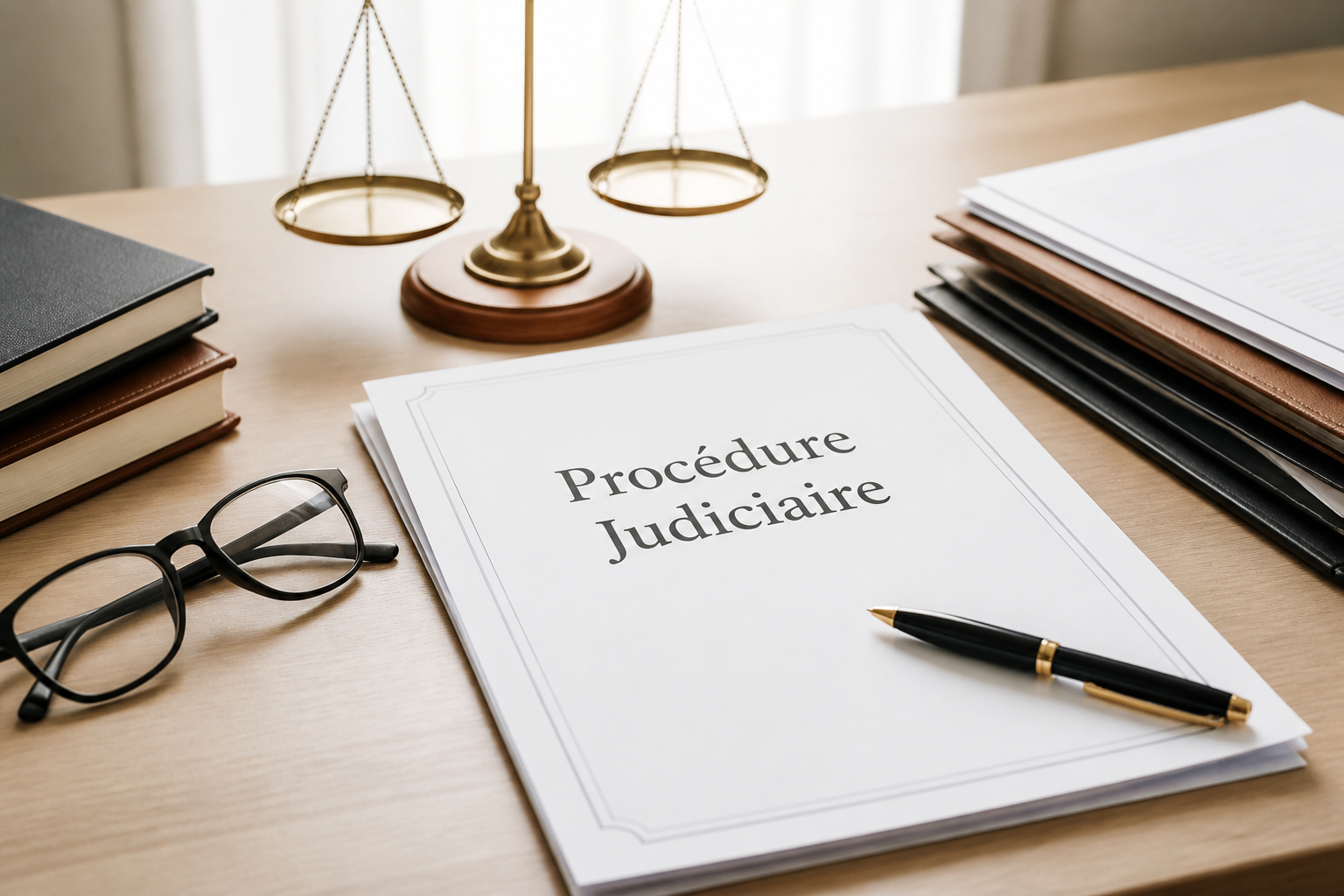 Document officiel 'Procédure Judiciaire' sur un bureau avec accessoires