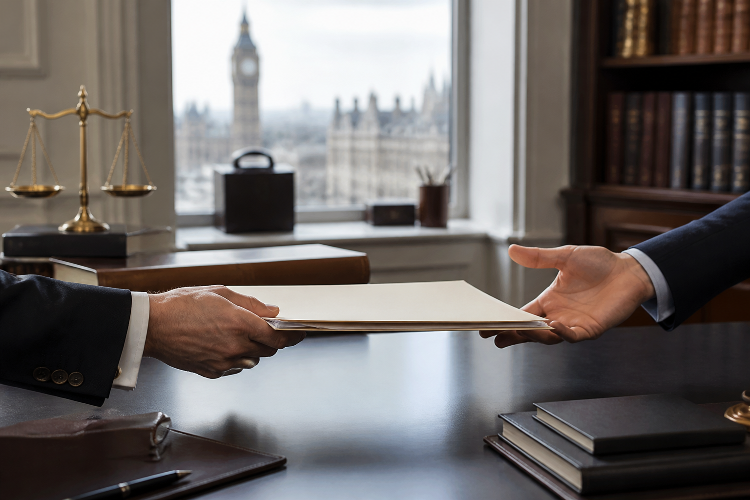 Avocats échangent des documents juridiques dans un bureau en Angleterre
