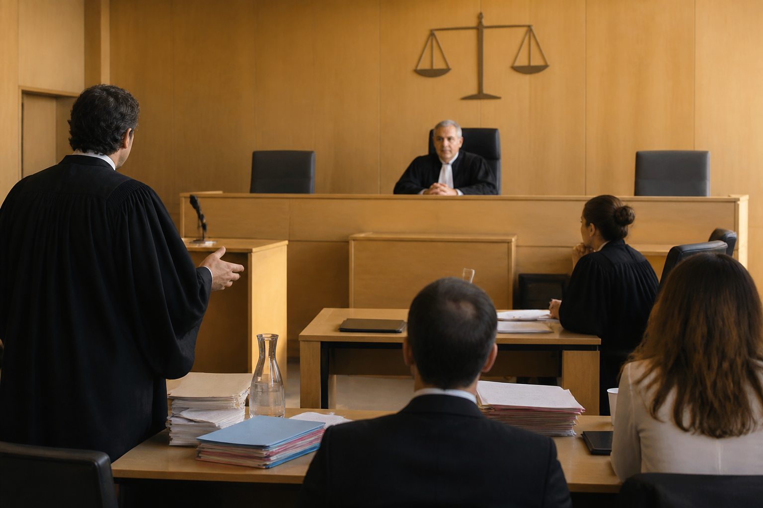Audience dans une salle du tribunal judiciaire avec juge et avocats